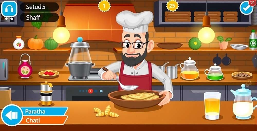 Dhaba Duty Dash Gameplay - Kitchen Scene Dhaba Duty Dash gameplay showing a busy dhaba kitchen with chef preparing paratha and chai for customers